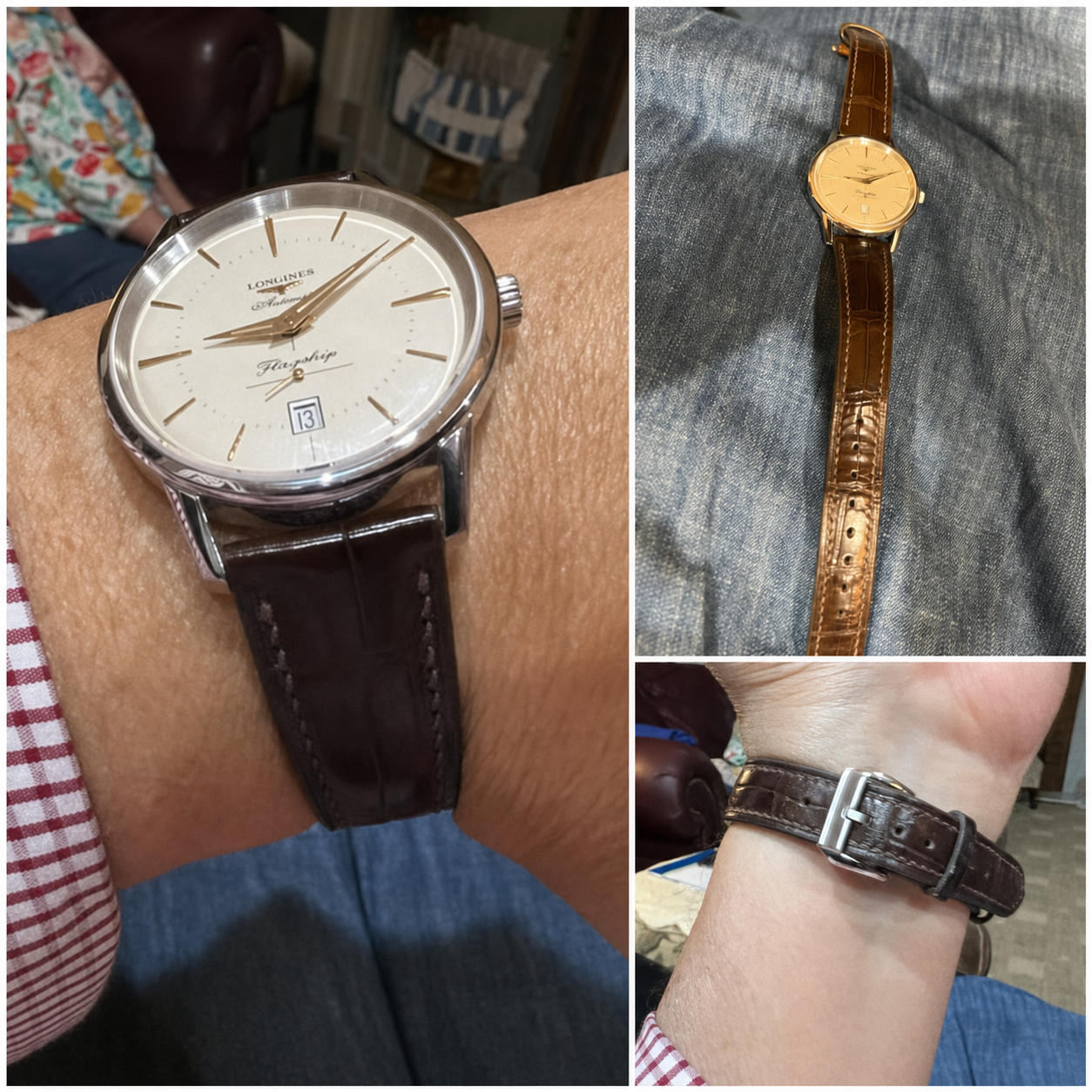 Brown crocodile leather watch strap fitted to a Longines Flagship, with wrist, full-strap and buckle views.