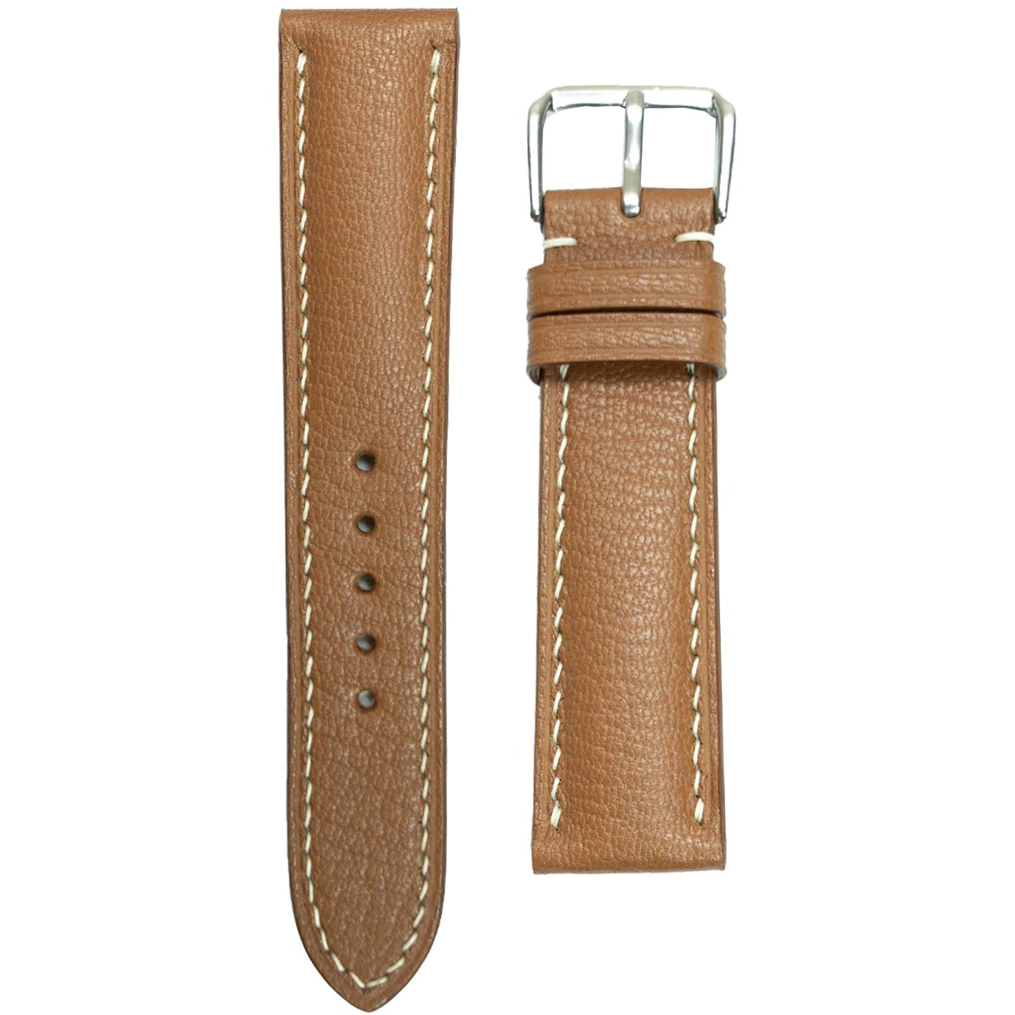 Brown Alran goat leather watch strap with white stitching and silver buckle, flat lay.
