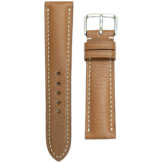 Brown Alran goat leather watch strap with white stitching and silver buckle, flat lay.