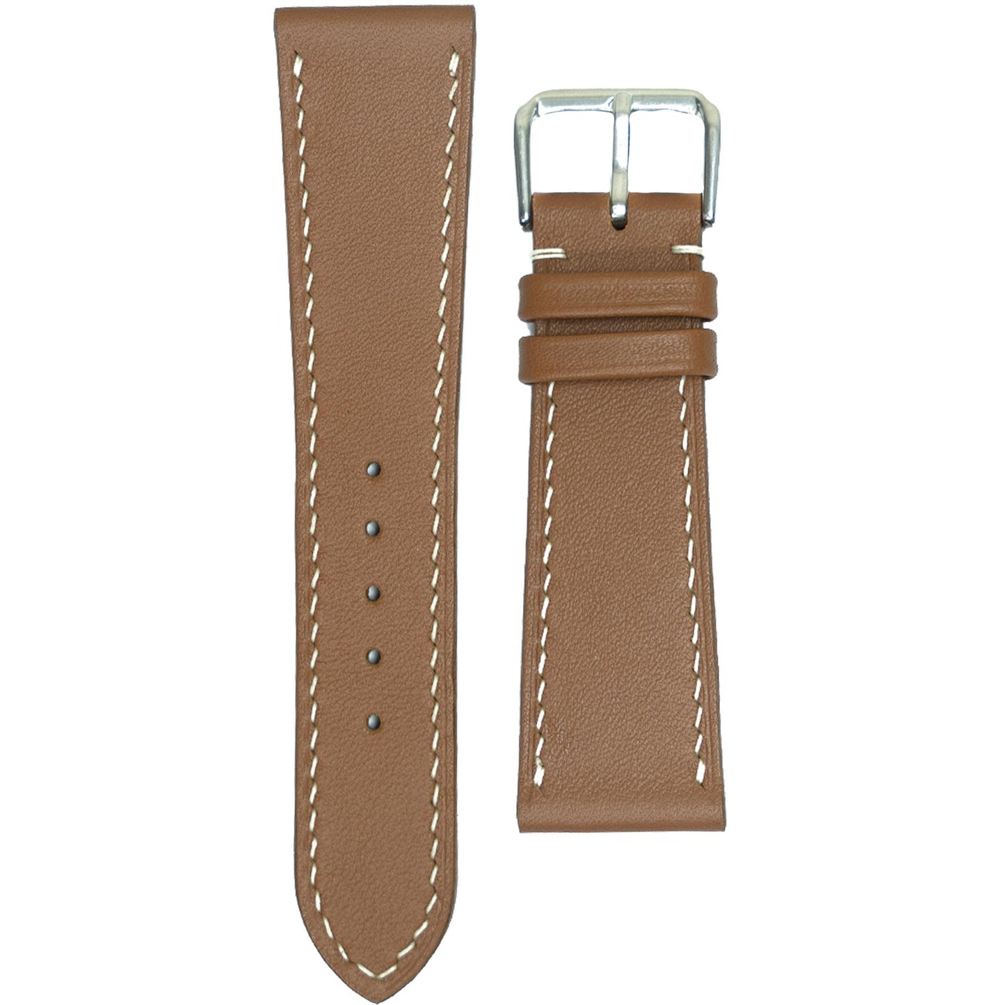 Brown Swift leather watch strap with white stitching and silver buckle, flat lay.
