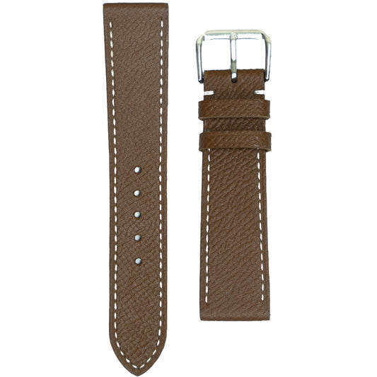 Brown Epsom leather watch strap with white stitching and silver buckle, flat lay.