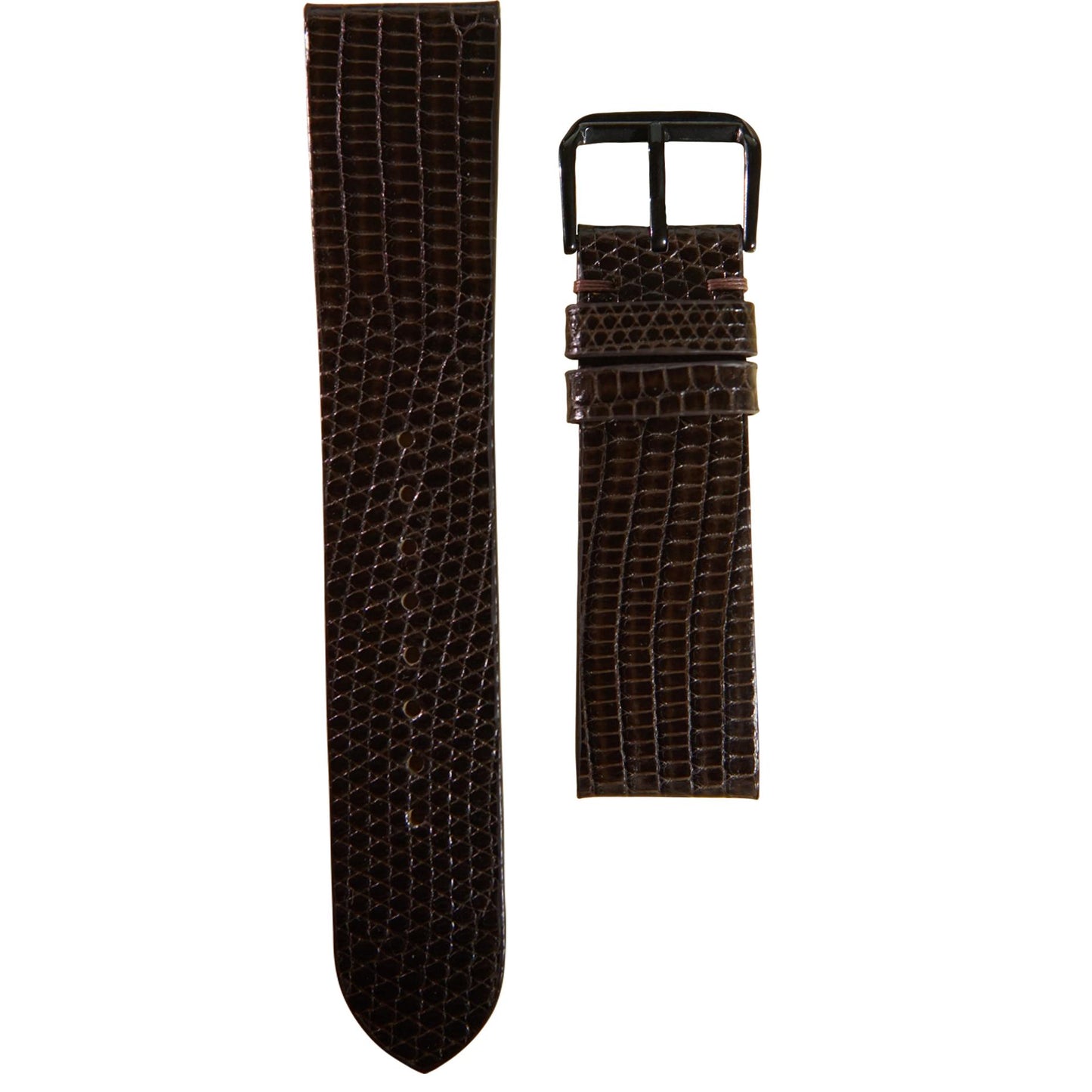 Dark brown lizard leather watch strap with black buckle, flat lay.