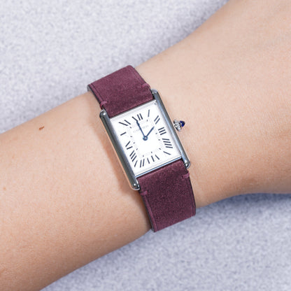 Cartier Tank Must with a maroon suede leather strap by VGreen