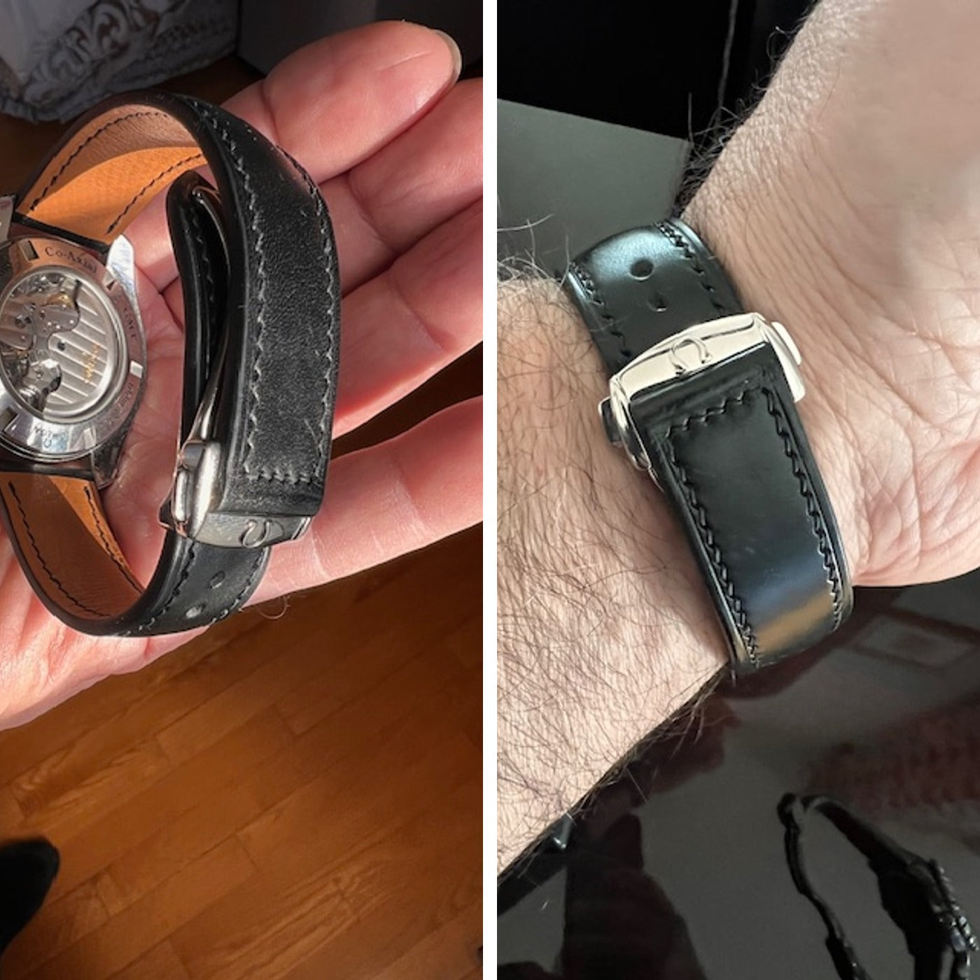 Black Buttero leather watch strap showing tan lining, deployant clasp, keeper, adjustment hole and stitching.