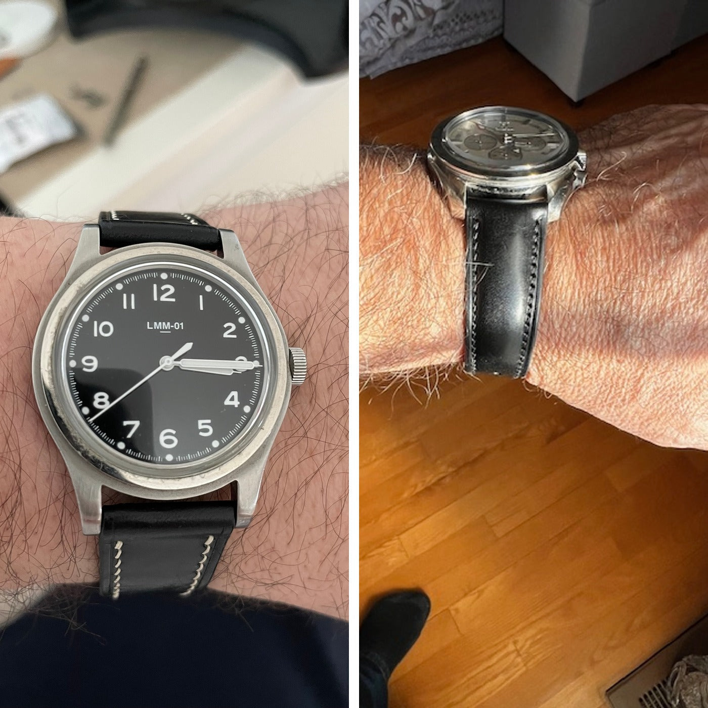 Two customer watches fitted with black Buttero leather straps, showing front and side wrist fit.