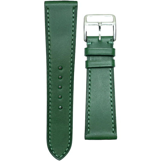 Green Buttero leather watch strap with matching stitching and silver buckle, flat lay.