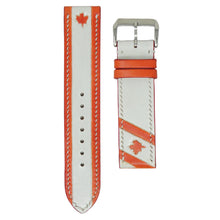 Load image into Gallery viewer, White and orange leather watch strap with engraved maple leaf, flat lay.

