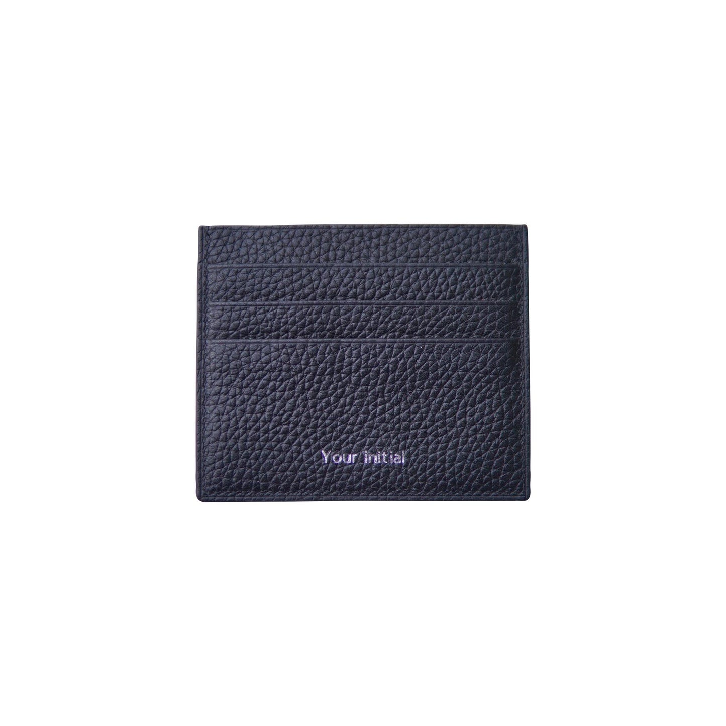 Black pebbled calfskin card holder with "Your initial" embossed in purple.