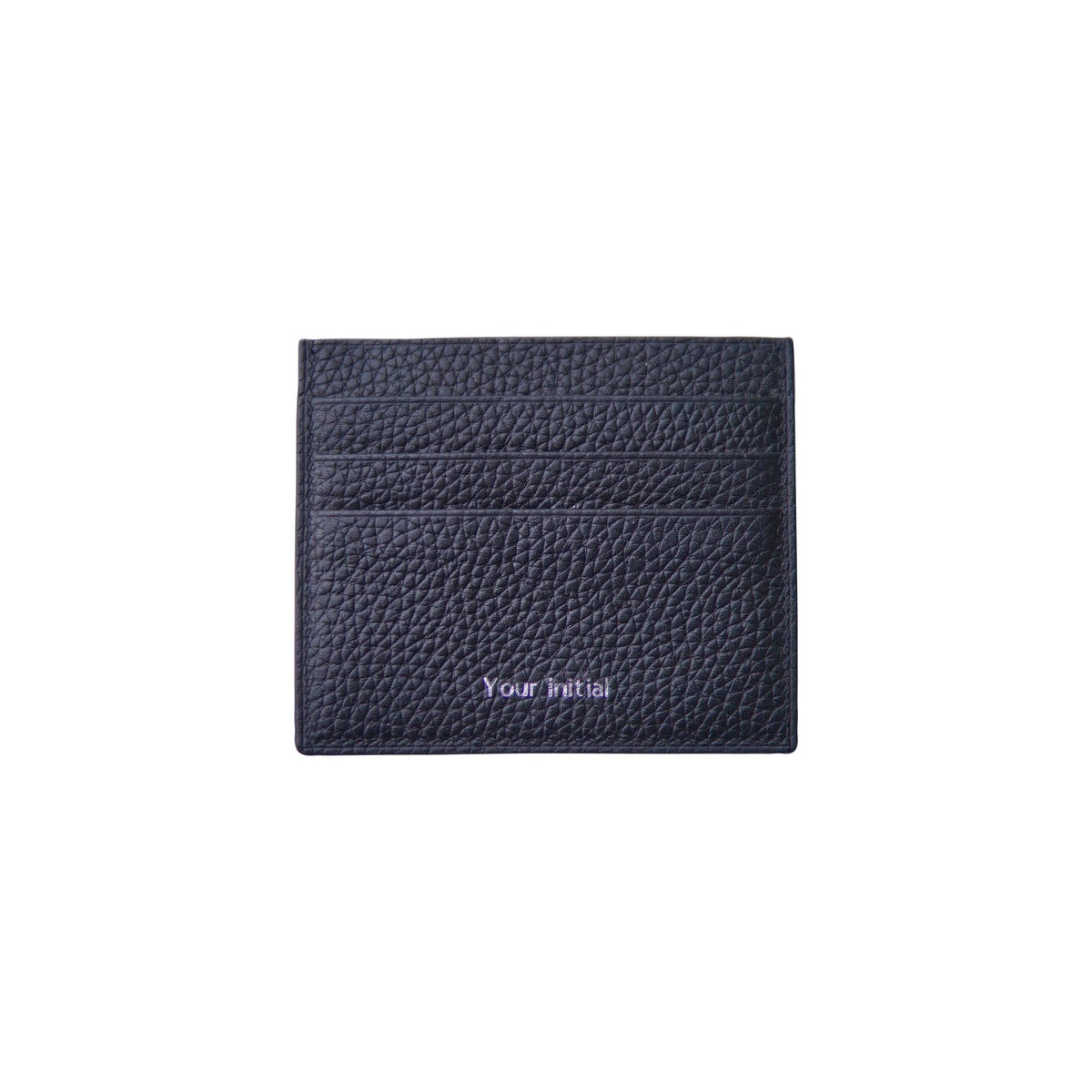 Black pebbled calfskin card holder with "Your initial" embossed in purple.