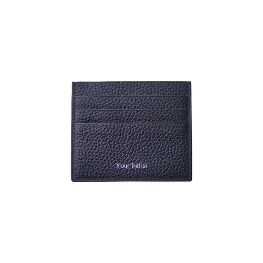Black pebbled calfskin card holder with "Your initial" embossed in purple.