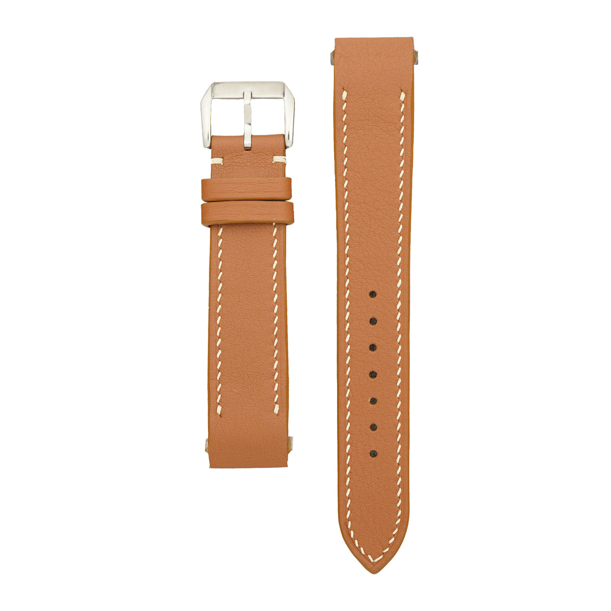 Brown Swift leather strap for the Cartier Roadster with Creamy White hand stitching and a steel pin buckle, both pieces, flat lay.