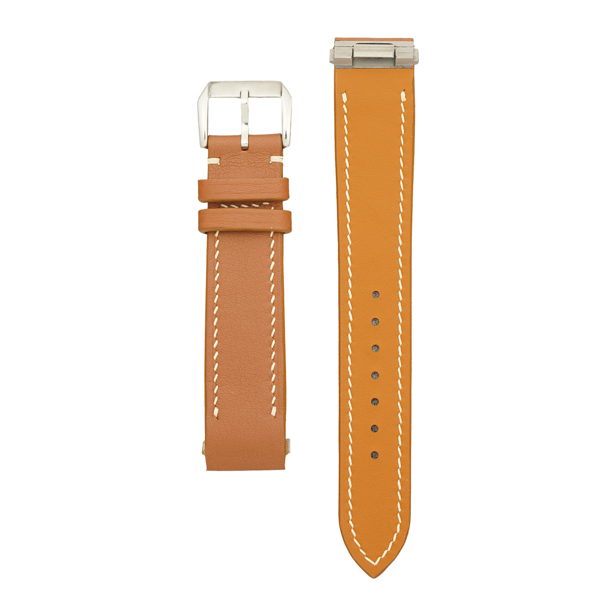 Brown Swift Cartier Roadster strap, buckle piece face up and long piece lining up to show the steel clip-in insert, flat lay.