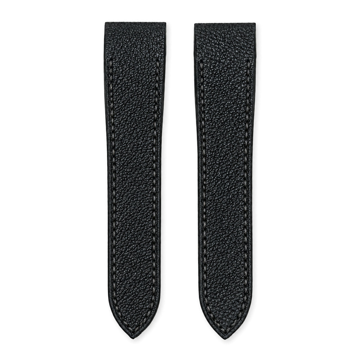 Black Alran goat leather strap for the Cartier Santos 100, both pieces, flat lay (mock-up)