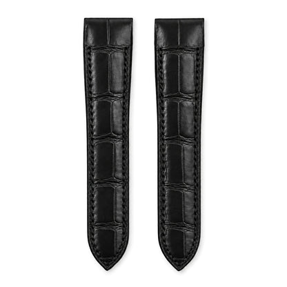 Black crocodile leather strap for the Cartier Santos 100, both pieces, flat lay (mock-up)