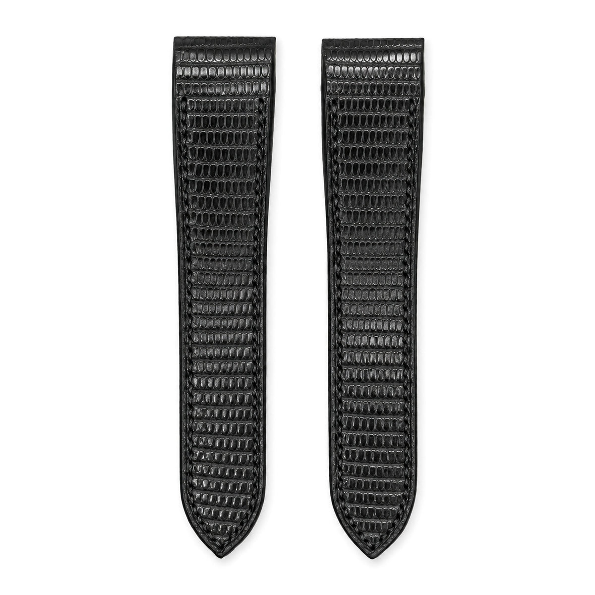 Black lizard leather strap for the Cartier Santos 100, both pieces, flat lay (mock-up)