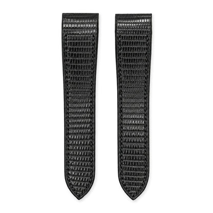 Black lizard leather strap for the Cartier Santos 100, both pieces, flat lay (mock-up)