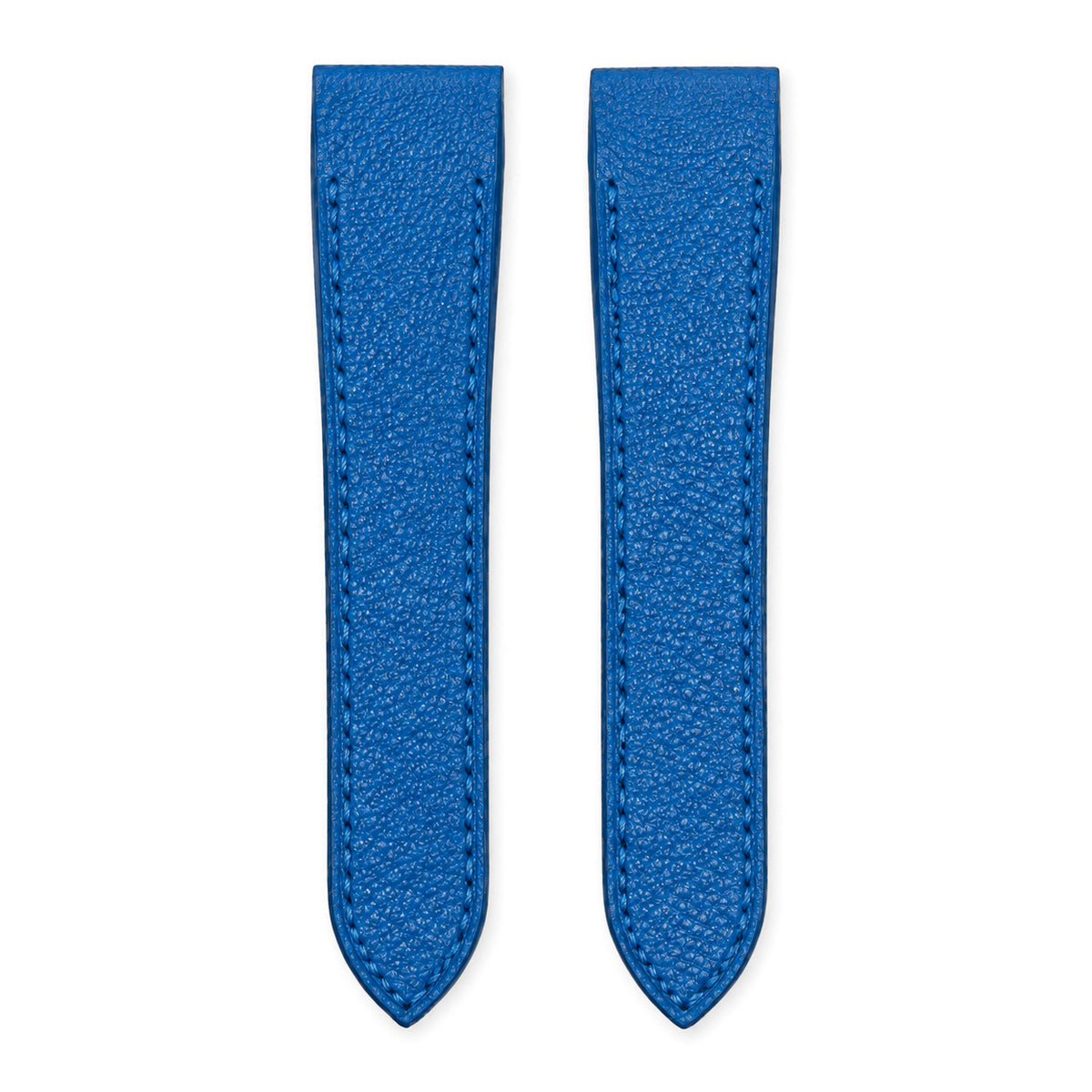 Blue Alran goat leather strap for the Cartier Santos 100, both pieces, flat lay (mock-up)