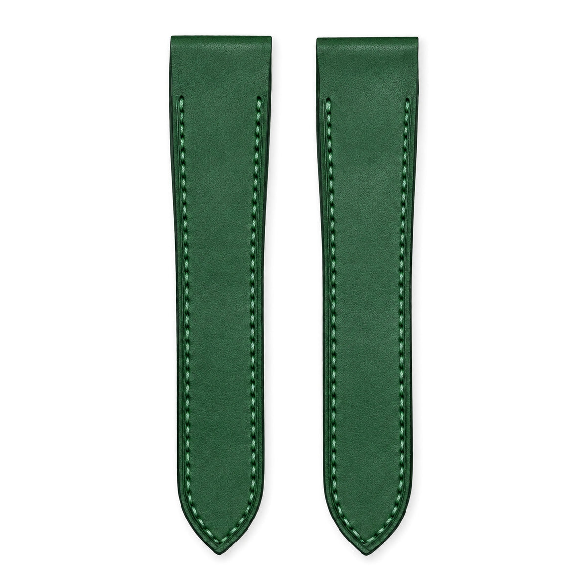 Green Buttero leather strap for the Cartier Santos 100, both pieces, flat lay (mock-up)