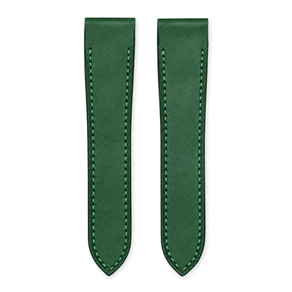 Green Buttero leather strap for the Cartier Santos 100, both pieces, flat lay (mock-up)