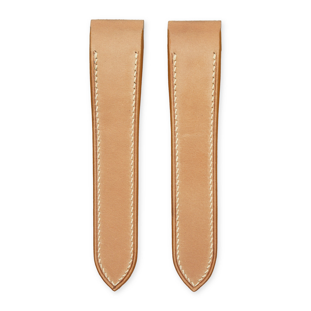 Natural shell cordovan leather strap for the Cartier Santos 100 with cream hand stitching, both pieces, flat lay.