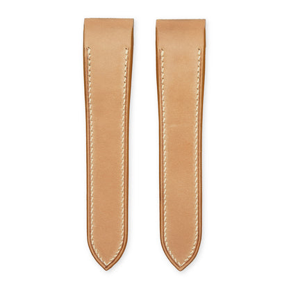 Natural shell cordovan leather strap for the Cartier Santos 100 with cream hand stitching, both pieces, flat lay.