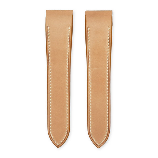 Natural shell cordovan leather strap for the Cartier Santos 100 with cream hand stitching, both pieces, flat lay.