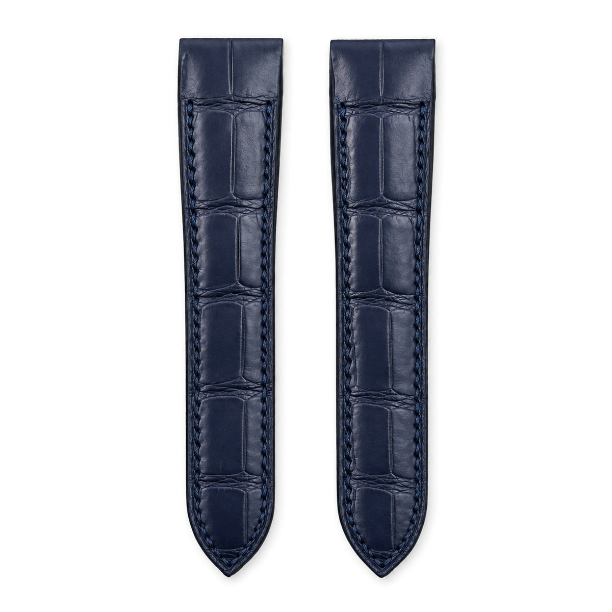Navy crocodile leather strap for the Cartier Santos 100, both pieces, flat lay (mock-up)