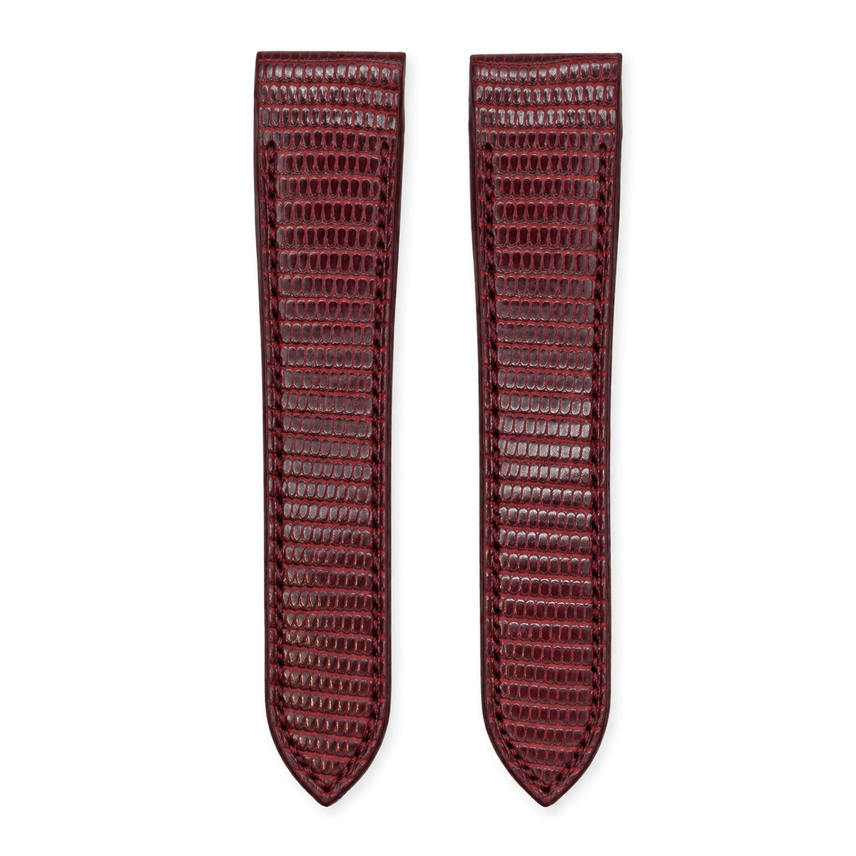 Red lizard leather strap for the Cartier Santos 100, both pieces, flat lay (mock-up)