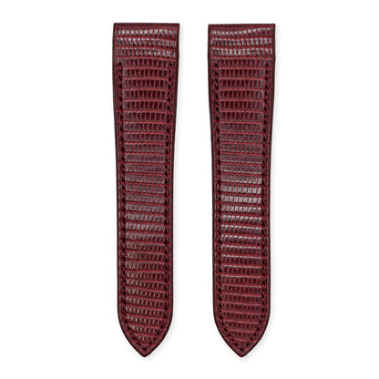 Red lizard leather strap for the Cartier Santos 100, both pieces, flat lay (mock-up)
