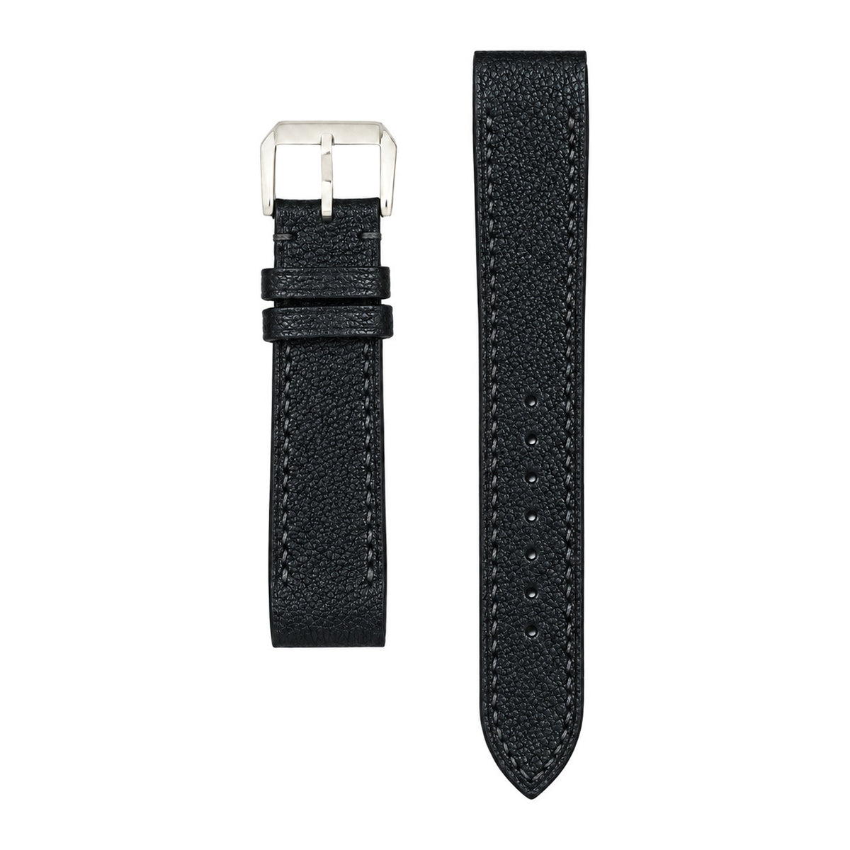 Black Alran goat leather strap for the Cartier Santos Galbée, both pieces, flat lay (mock-up)