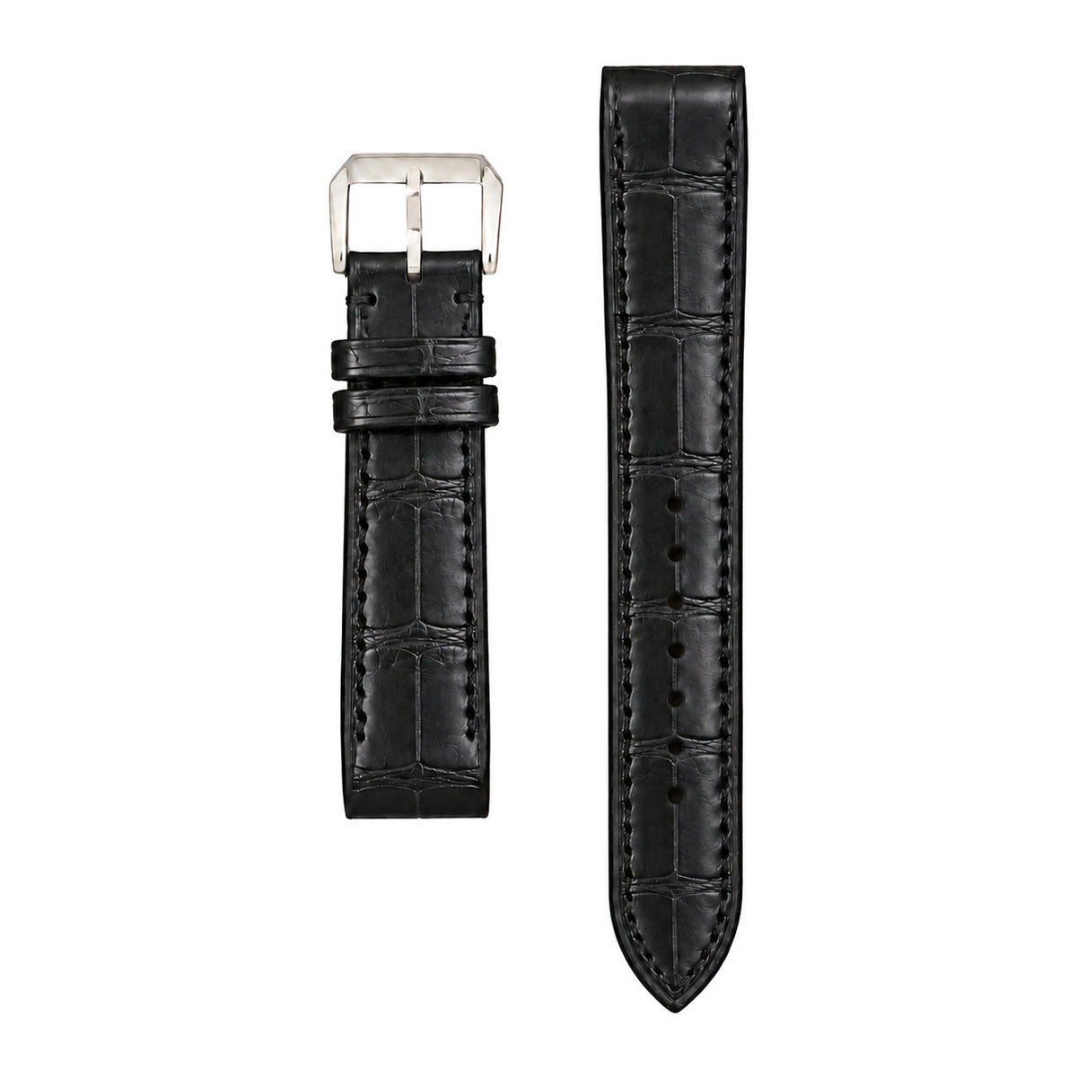 Black crocodile leather strap for the Cartier Santos Galbée, both pieces, flat lay (mock-up)