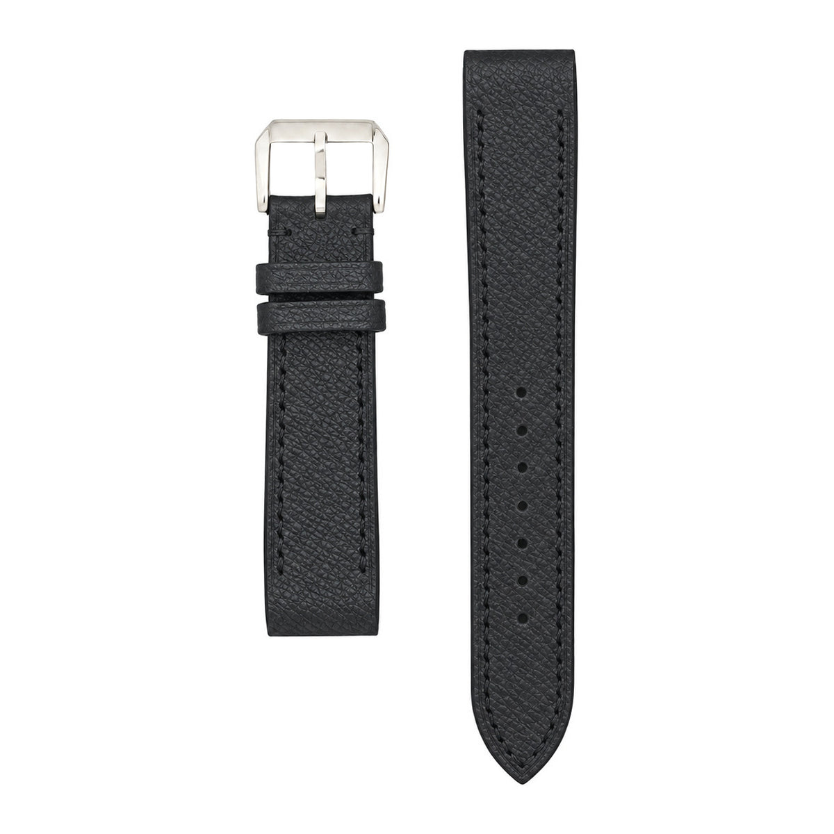 Black Epsom leather strap for the Cartier Santos Galbée, both pieces, flat lay (mock-up)