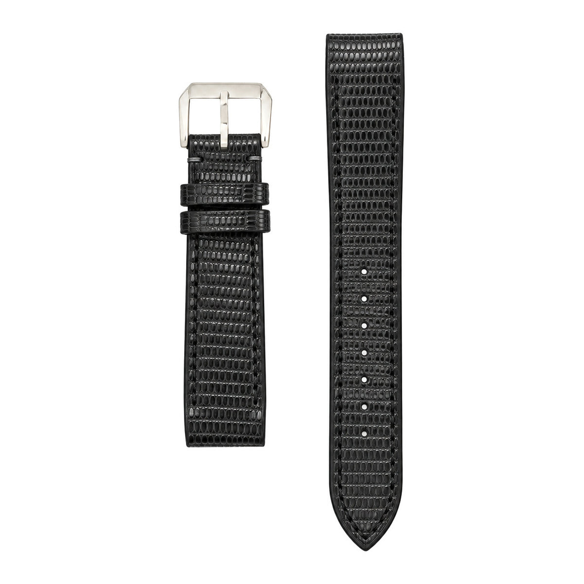 Black lizard leather strap for the Cartier Santos Galbée, both pieces, flat lay (mock-up)