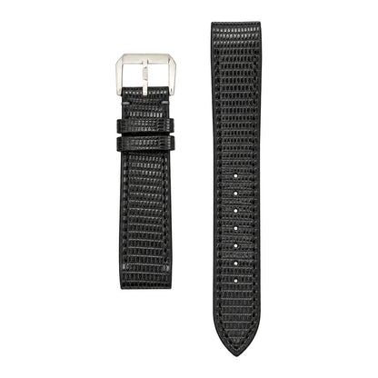 Black lizard leather strap for the Cartier Santos Galbée, both pieces, flat lay (mock-up)