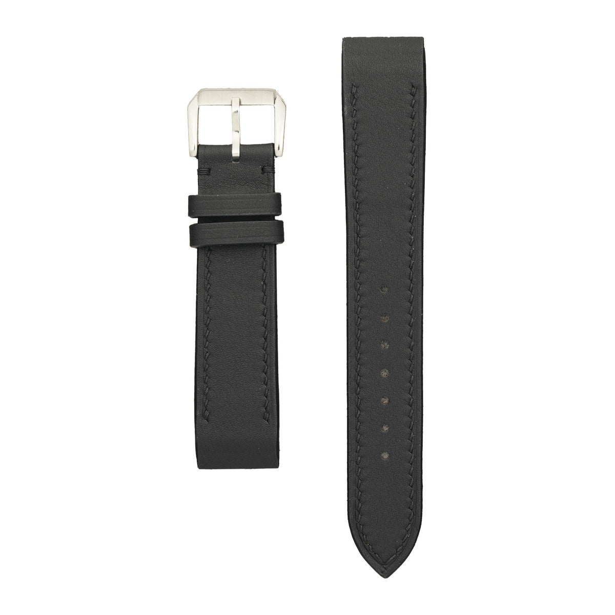 Black Swift leather strap for the Cartier Santos Galbée with black hand stitching and a steel pin buckle, both pieces, flat lay.