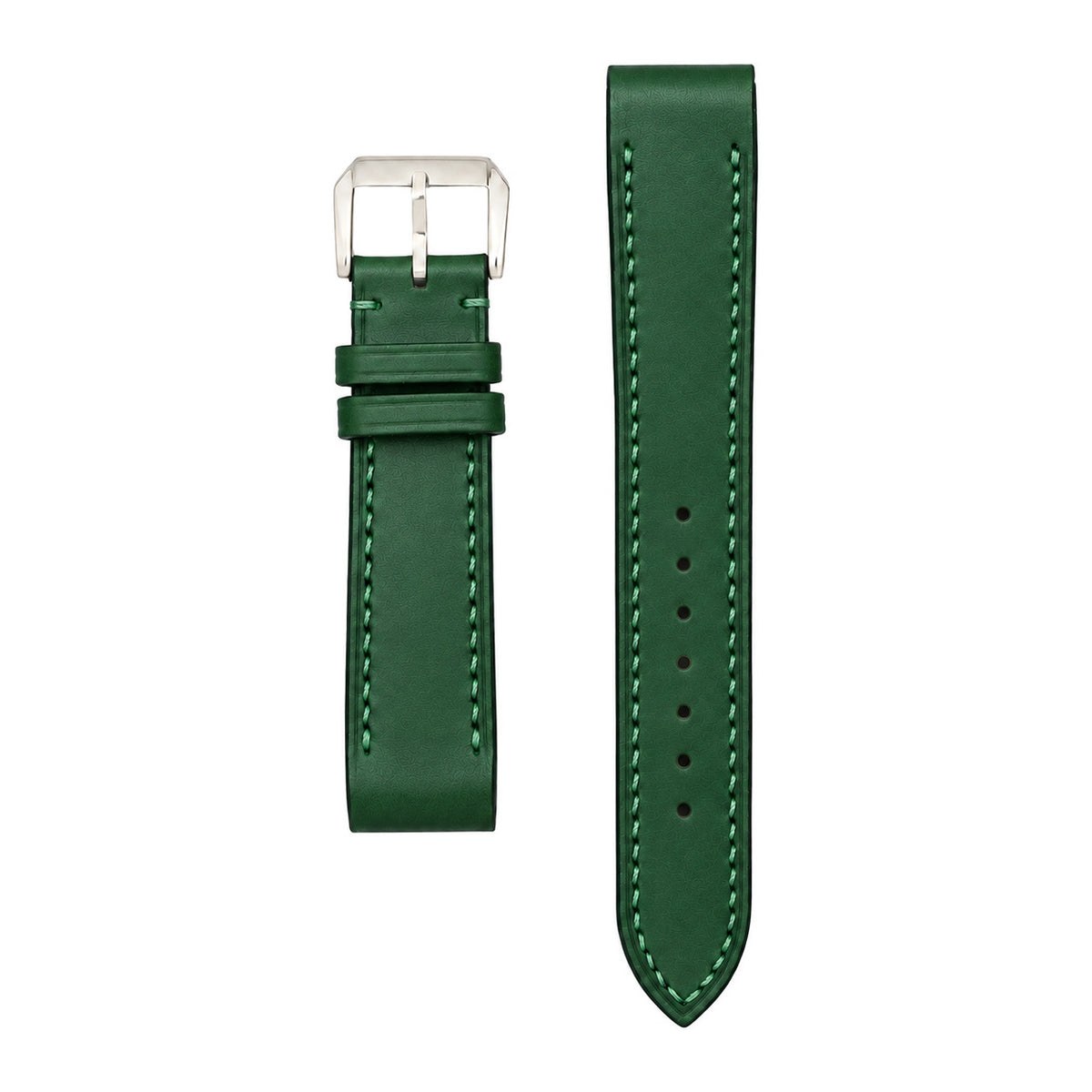 Green Buttero leather strap for the Cartier Santos Galbée, both pieces, flat lay (mock-up)