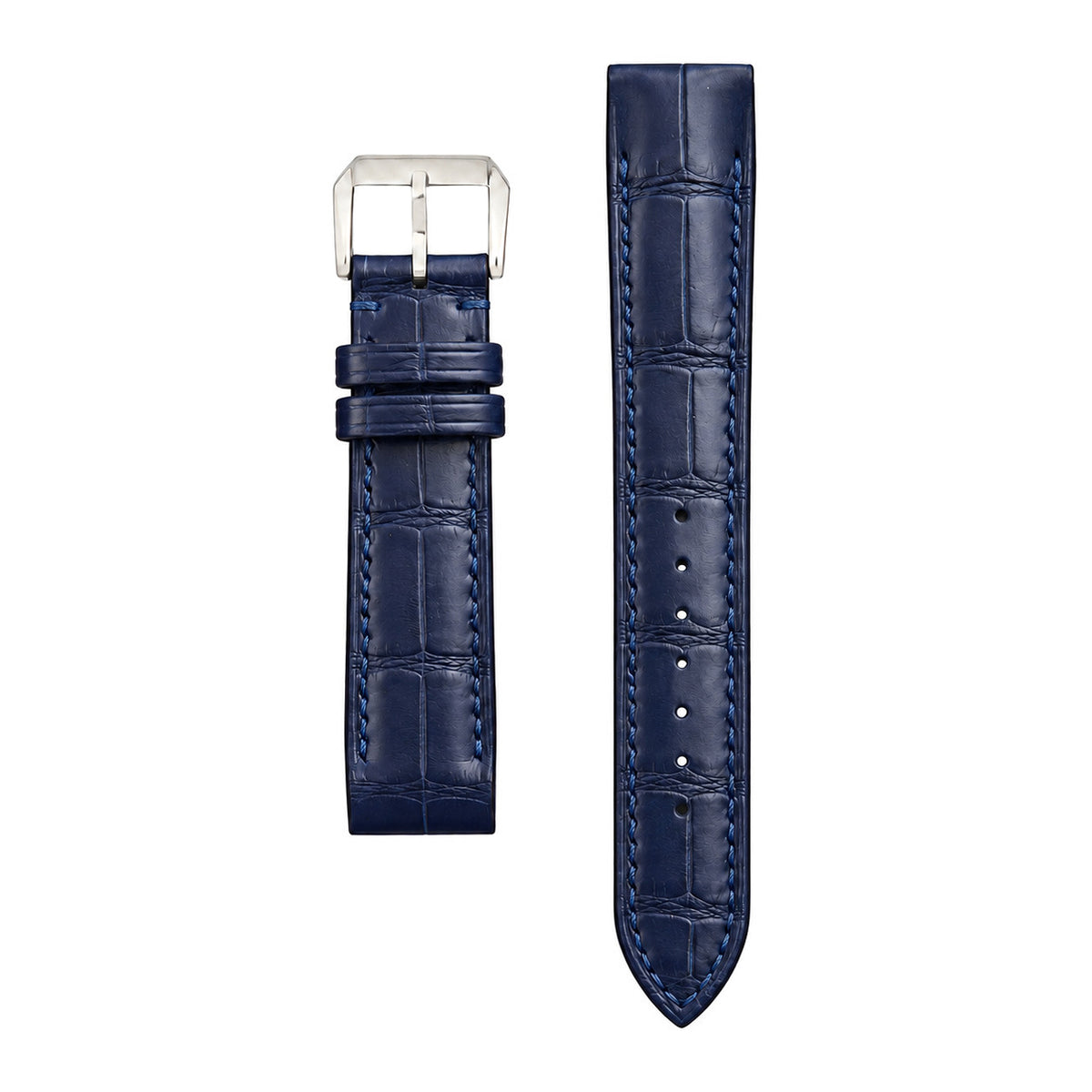Navy crocodile leather strap for the Cartier Santos Galbée, both pieces, flat lay (mock-up)