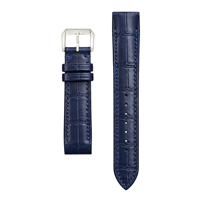 Navy crocodile leather strap for the Cartier Santos Galbée, both pieces, flat lay (mock-up)