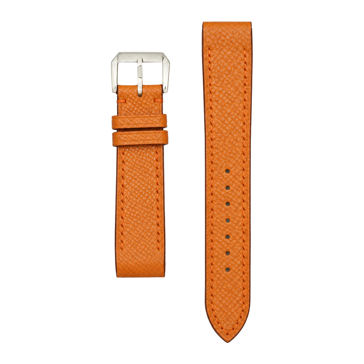 Orange Epsom leather strap for the Cartier Santos Galbée, both pieces, flat lay (mock-up)