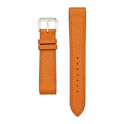 Orange Epsom leather strap for the Cartier Santos Galbée, both pieces, flat lay (mock-up)
