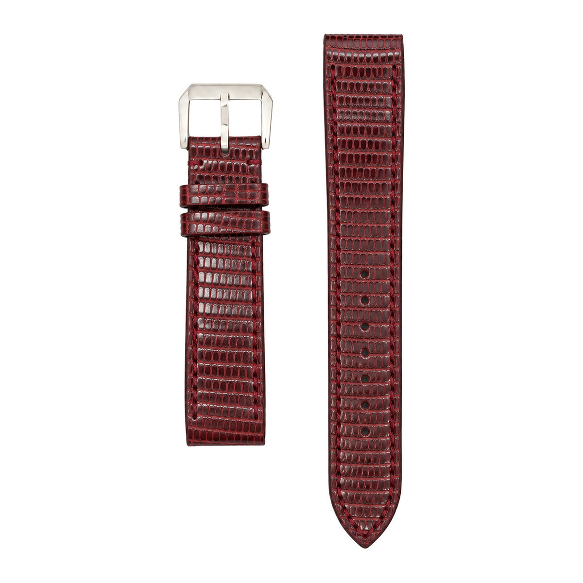Red lizard leather strap for the Cartier Santos Galbée, both pieces, flat lay (mock-up)