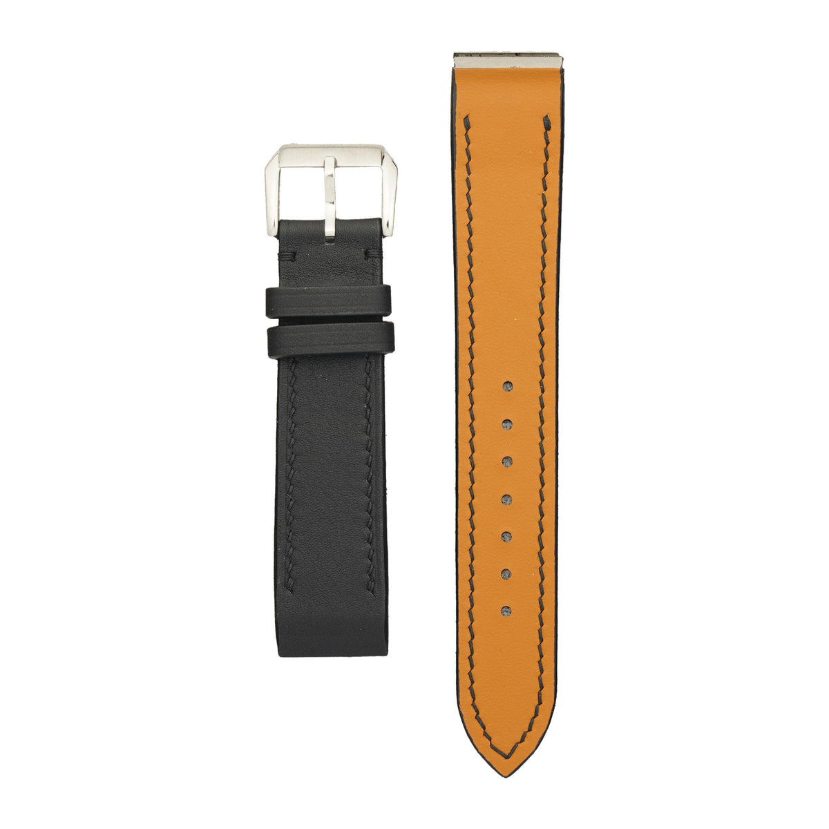 Black Swift Cartier Santos Galbée strap, buckle piece face up and long piece lining up to show the steel end insert, flat lay.