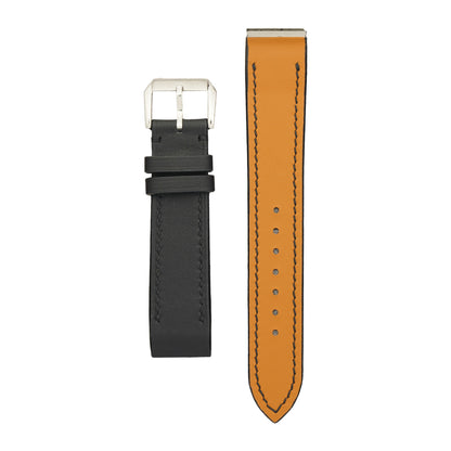 Black Swift Cartier Santos Galbée strap, buckle piece face up and long piece lining up to show the steel end insert, flat lay.