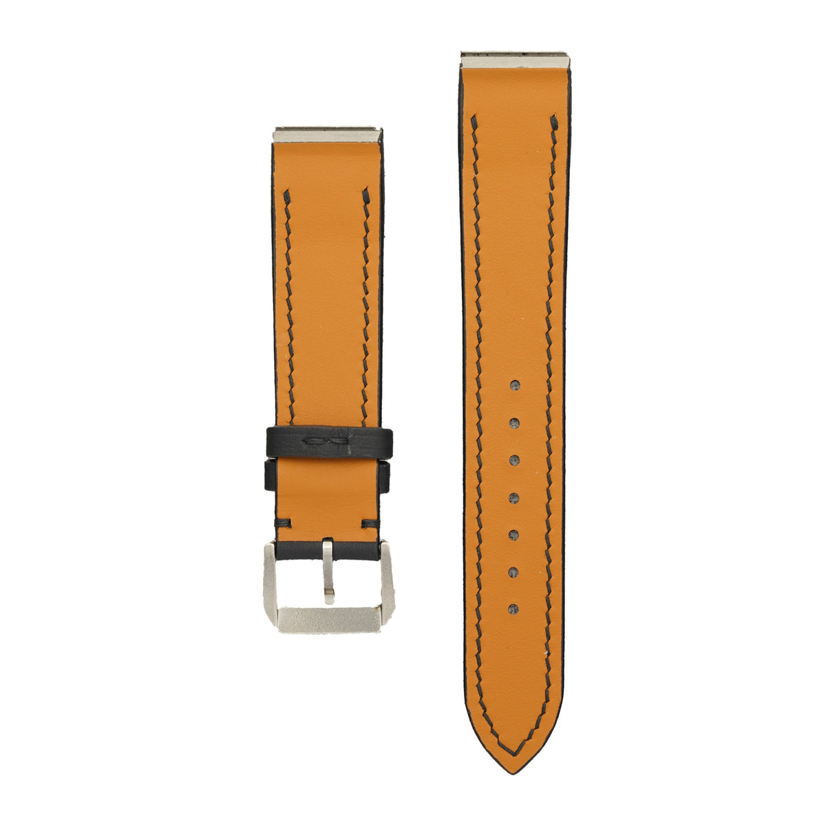 Underside of the black Swift Cartier Santos Galbée strap, showing the stainless-steel end inserts and tan calfskin lining, flat lay.
