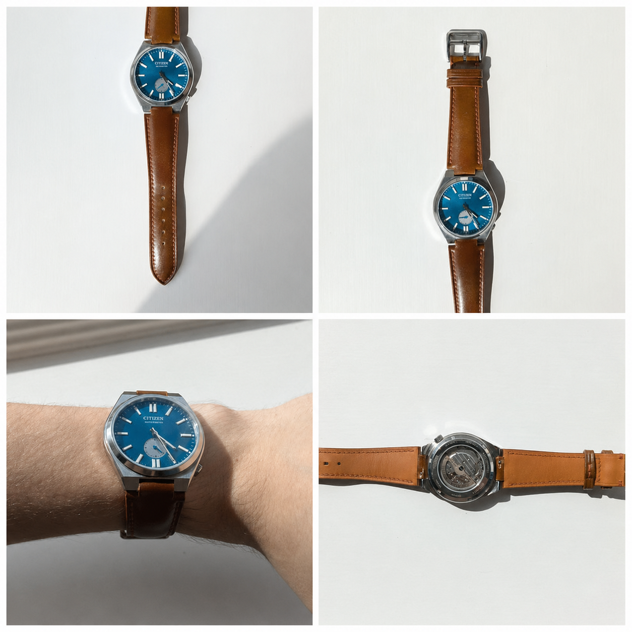 Four customer views of a Citizen Tsuyosa Small Seconds fitted with a custom brown corner-notched leather strap by VGreen