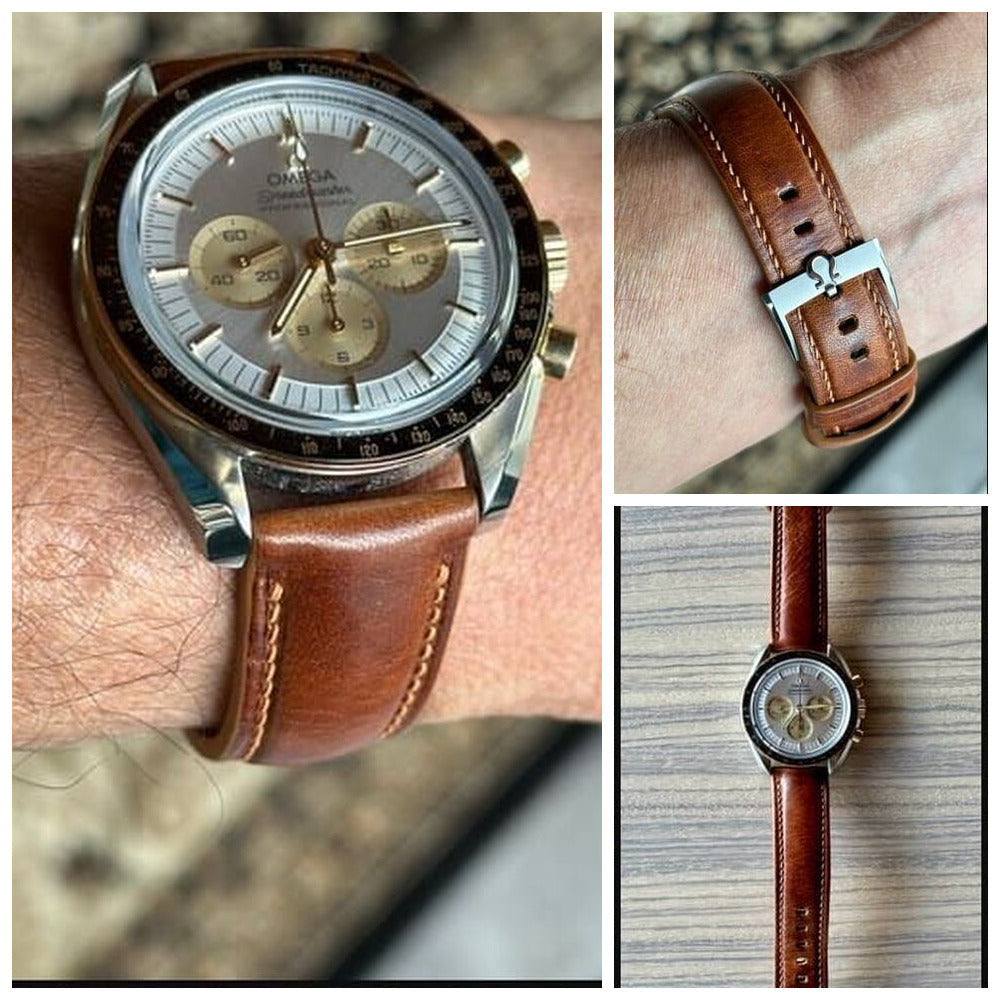 Cognac Badalassi wax leather watch strap fitted to a silver chronograph, with front, buckle and full-length customer views.