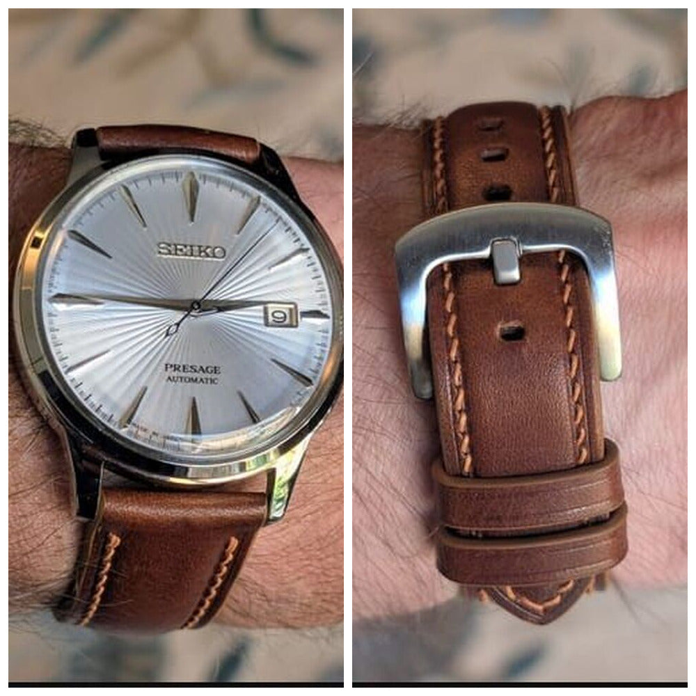 Cognac Badalassi wax leather watch strap fitted to a Seiko Presage, with front and buckle-side customer views.
