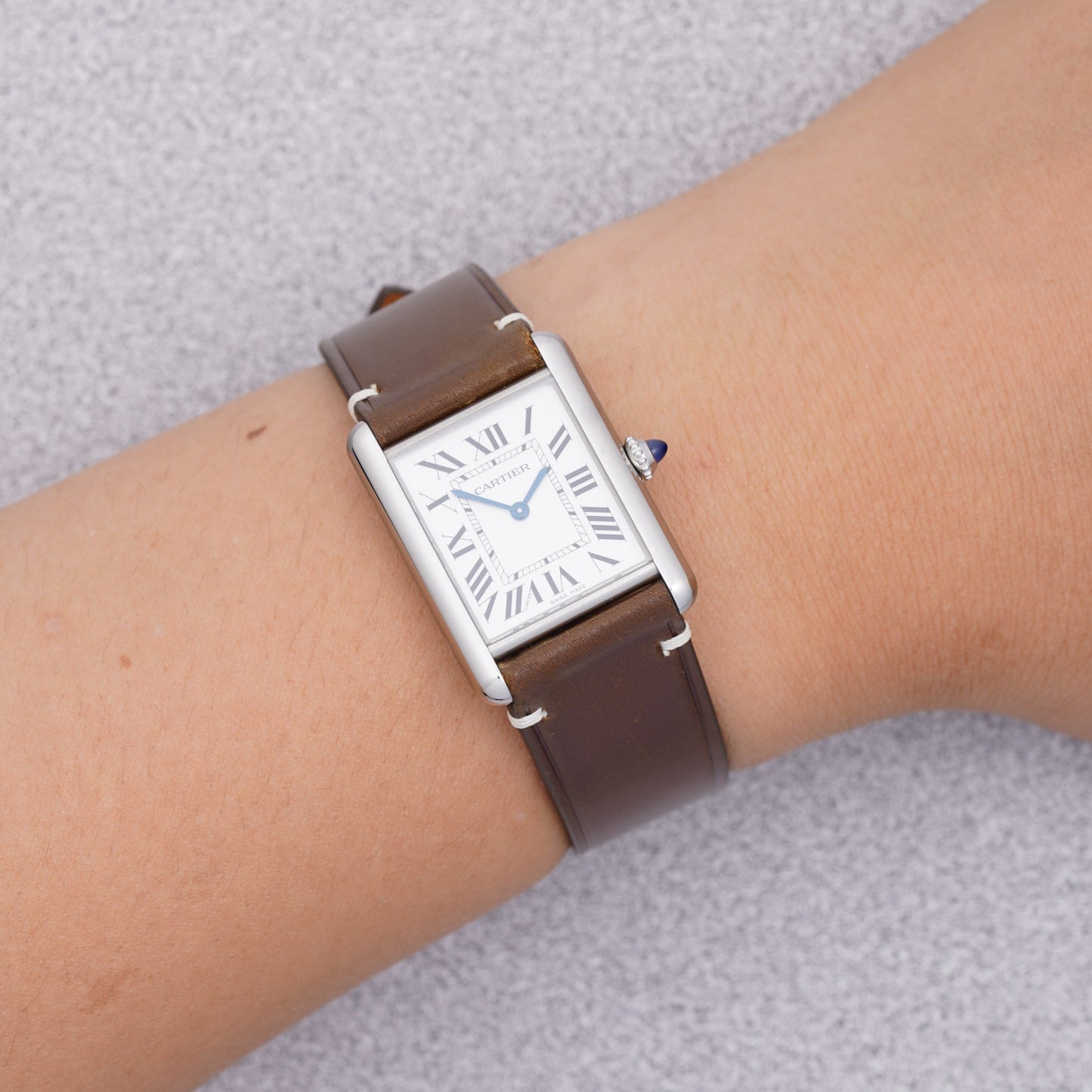 Cartier Tank Must with a cognac shell cordovan leather strap by VGreen