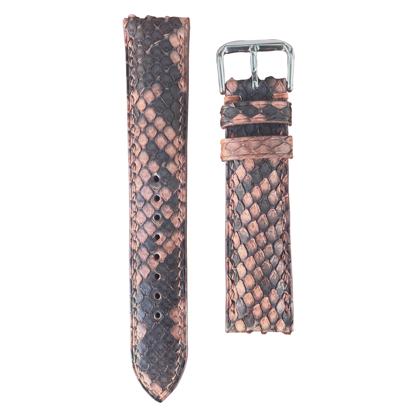 Copper snake skin leather watch strap with a silver buckle, flat lay.