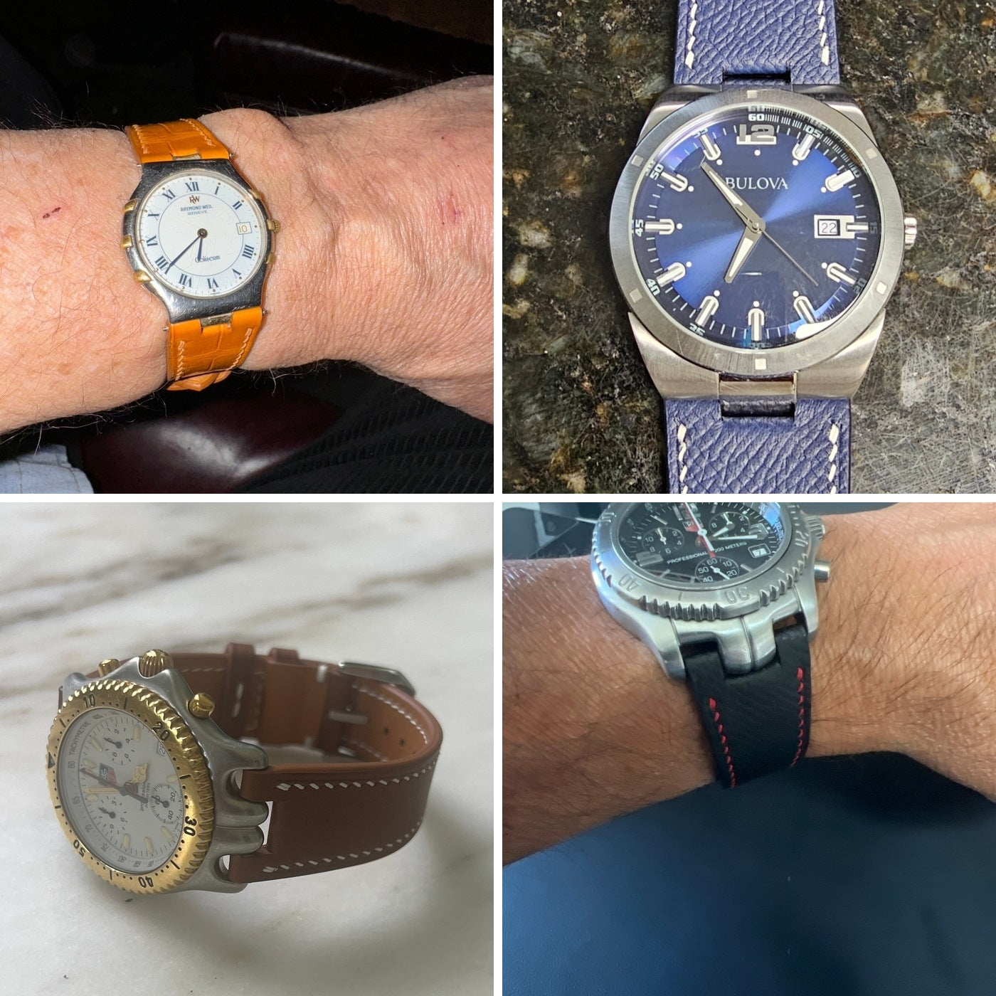 Four customer watches fitted with custom centre-notched leather straps in orange, navy, brown and black.
